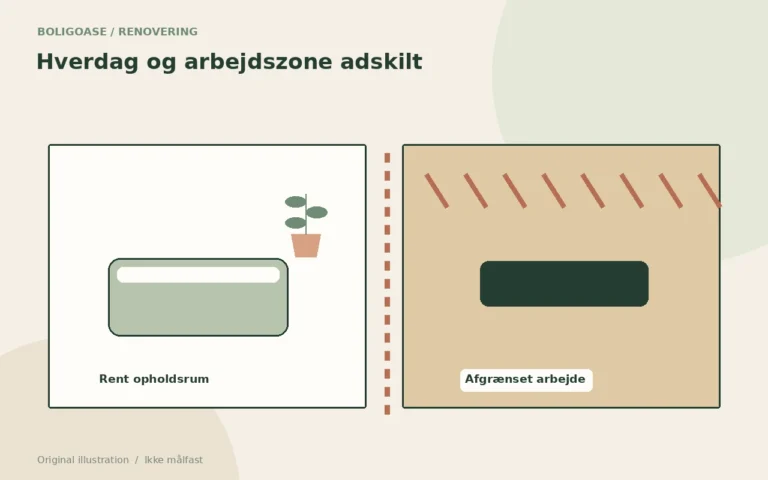 Original planillustration, der adskiller opholdsrum fra en afgrænset renoveringszone.