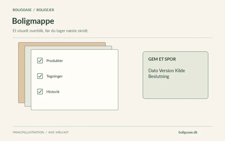 Dokumentmappe med afkrydsningspunkter for Produkter, Tegninger, Historik samt dato, version, kilde og beslutning.