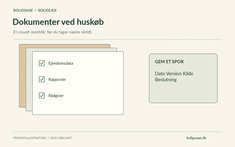 Dokumentmappe med afkrydsningspunkter for Ejendomsdata, Rapporter, Rådgiver samt dato, version, kilde og beslutning.