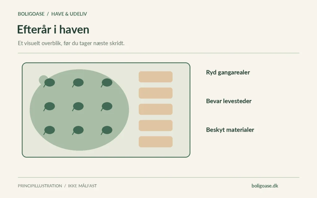 Haveplan med plantemosaik og sti og noter om Ryd gangarealer, Bevar levesteder, Beskyt materialer.