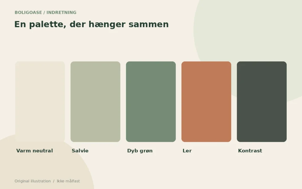 Original farveillustration med varme neutrale nuancer, salviegrøn og terrakotta.
