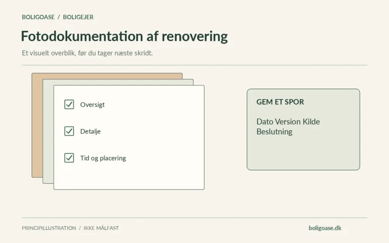 Dokumentmappe med afkrydsningspunkter for Oversigt, Detalje, Tid og placering samt dato, version, kilde og beslutning.