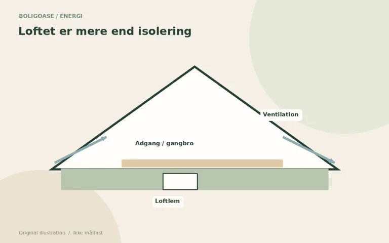 Original, ikke-dimensioneret loftskitse med markeret ventilation, loftlem og gangbro.