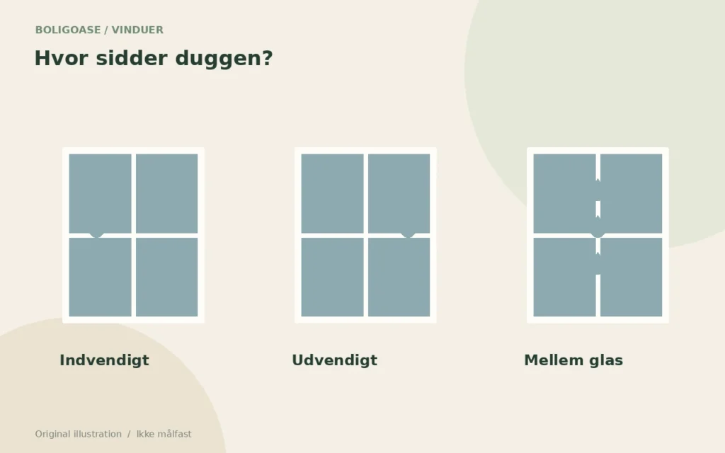 Original skitse, der skelner mellem dug på inderside, yderside og mellem rudens glas.