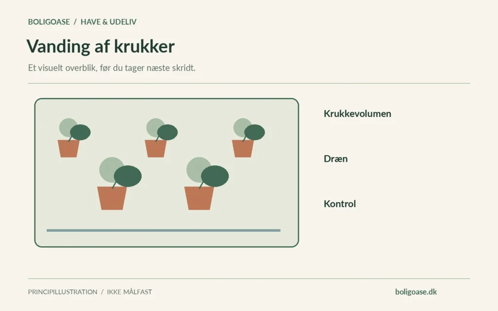 Haveplan med krukker i forskellige størrelser og noter om Krukkevolumen, Dræn, Kontrol.