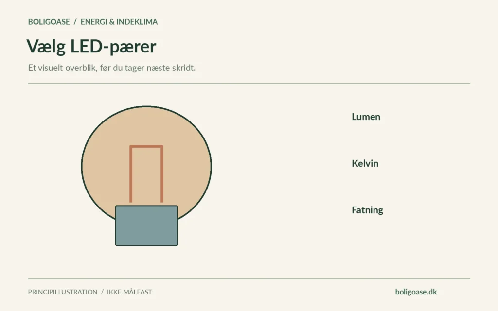 Belysningsdiagram med en lyskilde og Lumen, Kelvin, Fatning.
