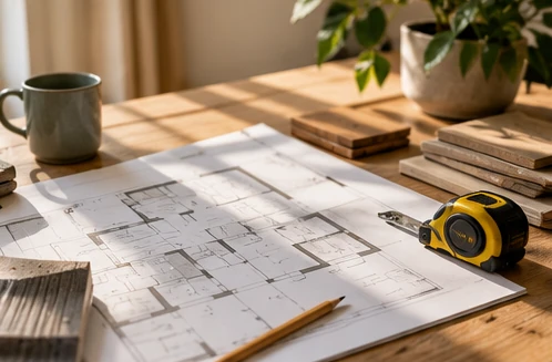 Plantegning, målebånd og materialeprøver på et bord til planlægning af husrenovering.