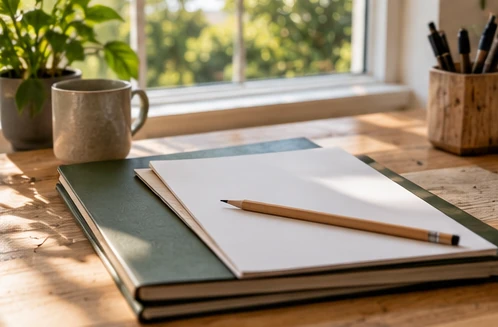 Projektmappe, blanke papirer og blyant til sammenligning af renoveringstilbud.