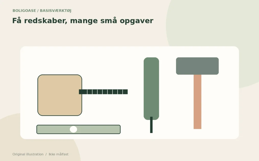 Original værktøjsillustration med målebånd, vaterpas, skruetrækker og hammer.