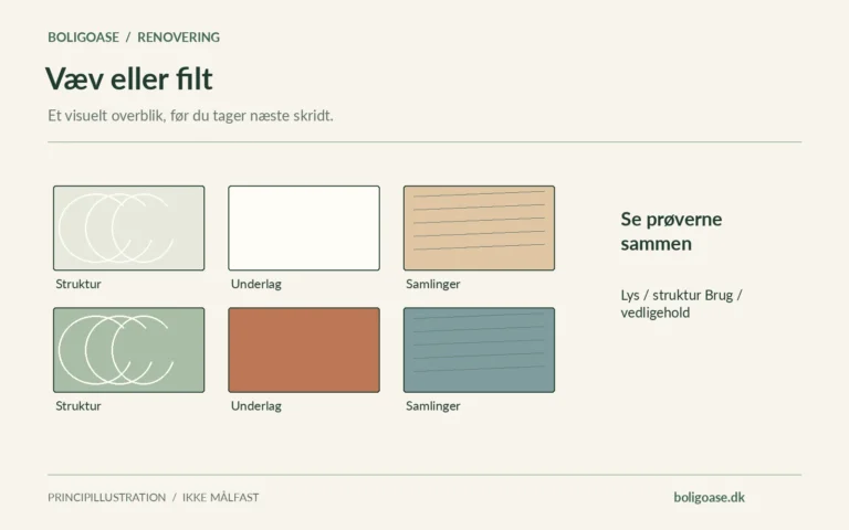 Materiale- og farveprøver vist samlet; noter om Struktur, Underlag, Samlinger.